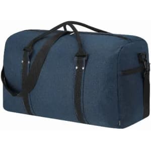 A duffel bag in navy blue with black straps and a zippered pocket. It features a sleek, minimalist design.