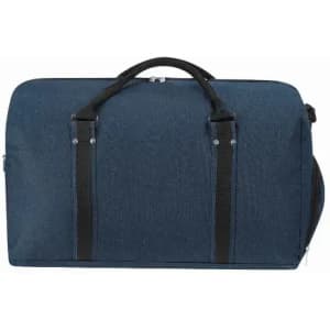 A duffle bag in navy blue with black straps and a zippered closure. It features a logo on the front.