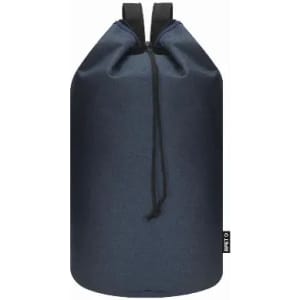 A drink bottle in navy blue with a drawstring closure and shoulder straps, featuring a logo.