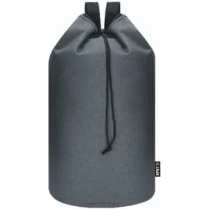A dark grey drawstring backpack with shoulder straps and a branded tag on the side.