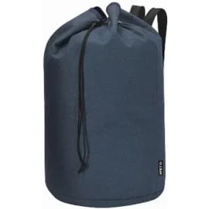 A drawstring bag is featured in navy blue with adjustable straps and a simple design. It has a logo on the side.
