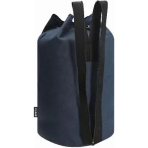 A drink bottle in a navy blue fabric holder with two black straps and a drawstring closure. It features a logo.
