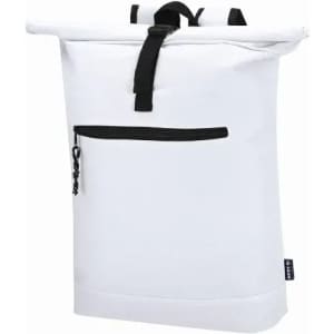 A white waterproof backpack with a roll-top closure and a front zip pocket. It features adjustable straps and a logo.