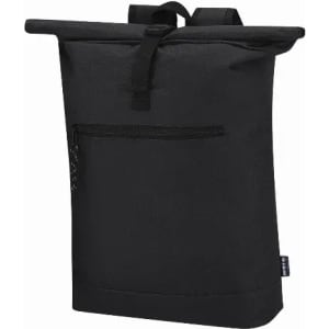 A black backpack featuring a roll-top design and a front zip pocket, along with a logo.