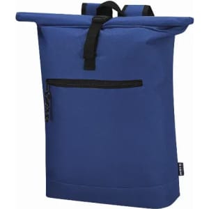 A blue roll-top backpack with a front zip pocket and adjustable straps. It has a simple, modern design.