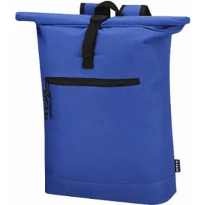A blue backpack with a roll-top design, featuring a front zip pocket and adjustable straps. It has a logo.