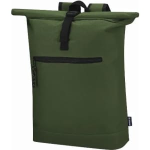 A green roll-top backpack with a front zipper pocket and adjustable straps. Features a logo on the side.