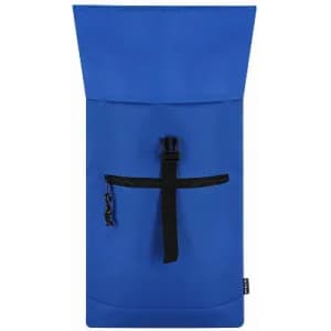 A blue roll-top backpack featuring a front zip pocket and a black strap. It has a minimalist design and branding.