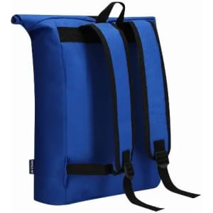 A blue backpack with black straps and a roll-top design, featuring a brand logo.