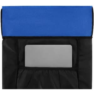 A black and blue promotional product pouch with a grey insert visible in the front pocket. It features a branding logo.