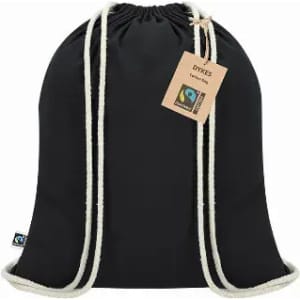 A black drawstring backpack with white ropes and a tag, featuring a logo and branding.
