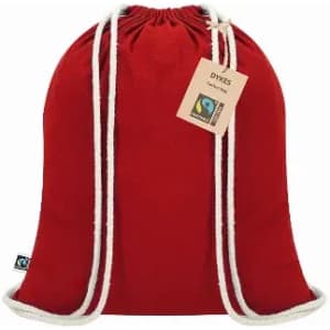 A red drawstring bag with white cords and a tag. The bag features a logo.
