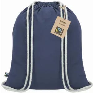 A navy blue drawstring bag with a fabric tag, featuring a logo. It has light-coloured drawstrings.