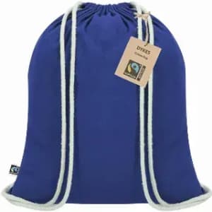 A blue drawstring bag with white cord handles and a tag featuring a logo.