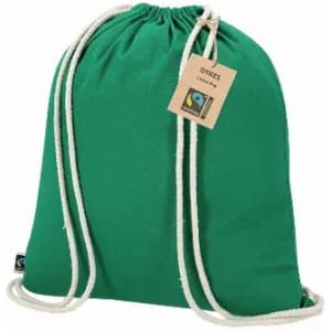 A green drawstring bag with white ropes, featuring a small tag and a logo.