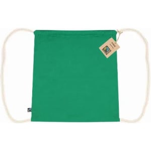 A green drawstring bag with a natural-coloured rope and a small tag attached. It features a logo.