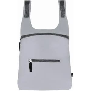 A grey tote bag with a zippered pocket, featuring black mesh straps and a sleek design.