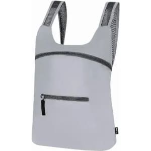 A grey backpack with mesh straps and a front zip pocket, featuring a branding logo.