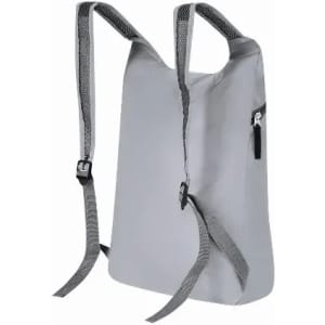 A light grey backpack with adjustable straps and a zippered pocket. It has a minimalist design.