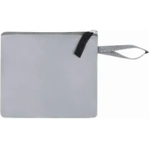 A grey pouch with a zip closure and a fabric strap for easy carrying. It features a simple, minimalist design.
