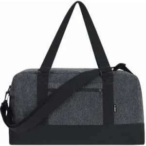 A grey duffel bag with black straps and accents, featuring zippered pockets for storage.