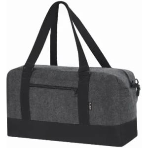 A grey duffle bag with black straps and a zippered pocket, featuring a logo on the side.