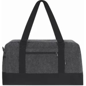 A grey duffle bag with black straps and zippered pocket, featuring a subtle logo on the side.