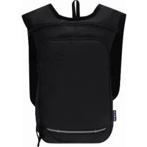A black backpack with a sleek design, featuring adjustable straps and a minimalist style. It has a logo on the side.