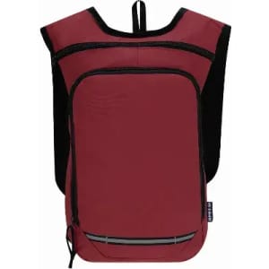 A maroon backpack with black accents, featuring a front zipper pocket and adjustable straps. It has a logo on the side.