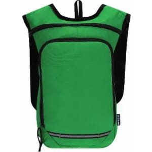 A green backpack with black accents, featuring a front zip pocket and a reflective strip. It has branding on the side.