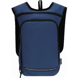 A blue backpack with a sleek design, featuring a zippered front pocket and black accents. It has a branding logo.