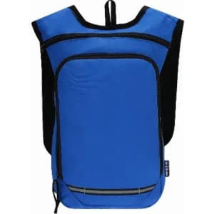 A blue backpack with black accents, featuring a zippered front pocket and adjustable straps. It has a logo on the side.