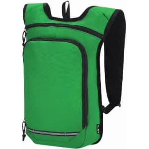 A green backpack with a front pocket and adjustable straps, featuring a logo on the side.