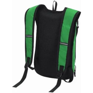 A backpack with black fabric and vibrant green accents, featuring mesh back and adjustable straps.