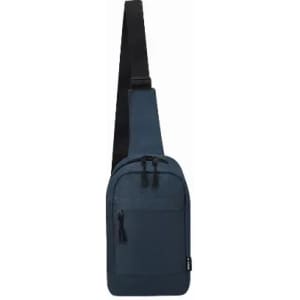 A sling bag in navy blue with a black strap, featuring two zippered pockets and a logo on the front.