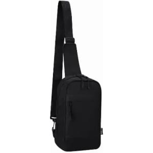 A black sling bag with a single adjustable strap and zippered compartments. It features a minimalist design.