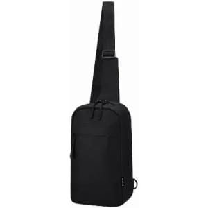 A sling bag in black with a single strap, featuring a zippered pocket and a sleek design.