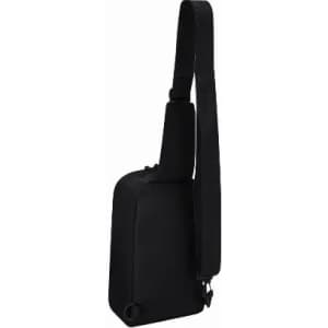 A black sling bag with an adjustable strap and a zippered closure. The bag has a minimalist design and a logo.