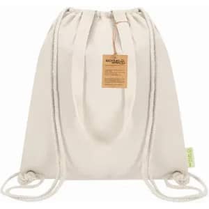A drawstring bag in beige canvas with rope straps, featuring a small tag attached.