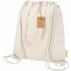 A drawstring bag in a neutral cream colour with thick rope handles and a tag attached.