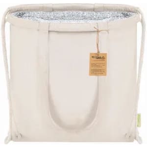 A tote bag in light beige with a silver insulated lining and dual handles, featuring a hang tag.