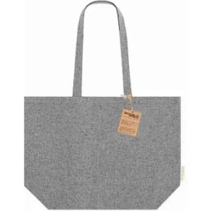 A grey tote bag with two handles and a textured finish, featuring a tag attached.