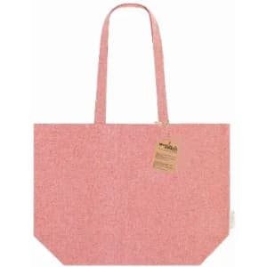 A pink tote bag with two longer handles and a square base. It features a tag and has a textured appearance.