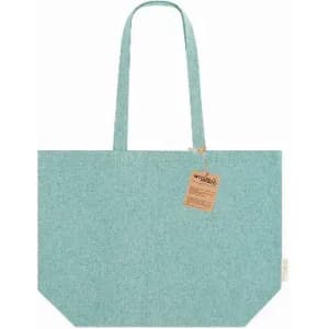 A tote bag in a light teal colour with two long handles and a tag attached.