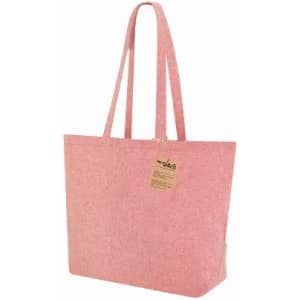 A tote bag in pink fabric with long handles and a tag attached. It features a simple, modern design.