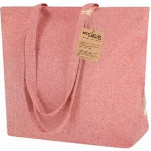 A pink recyclable tote bag with two handles and a tag attached. Simple and spacious design.