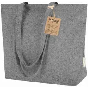 A grey felt tote bag with two handles and a tag attached. The bag features a simple, minimalist design.