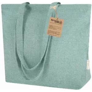 A teal tote bag with sturdy handles and a natural tag attached, made from recycled material.