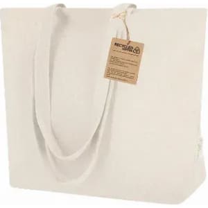 A recycled white tote bag with two handles and a tag attached. It has a simple, eco-friendly design.