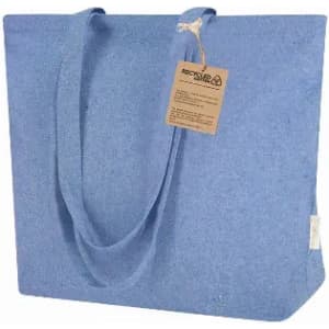 A blue tote bag with two handles and a tag. Made from recycled materials.